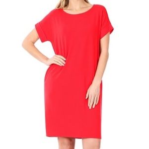 Sz L Ruby Crewneck Cuffed Short-Sleeve Pocket Shift Dress by Lydiane